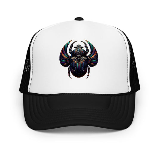 Black trucker hat featuring Mechanical Scarab embroidered artwork, product image 1