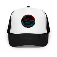 Black trucker hat featuring Yin Yang Dragon embroidered artwork, product image 1
