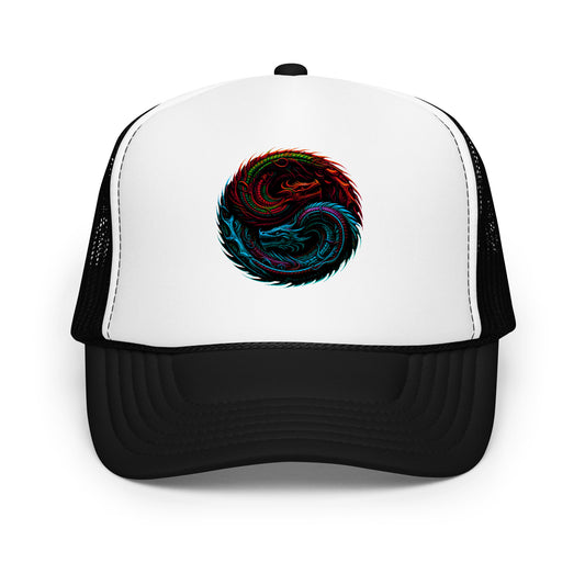 Black trucker hat featuring Yin Yang Dragon embroidered artwork, product image 1