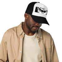 Red trucker hat featuring Anime Samurai Eyes embroidered artwork, product image 3