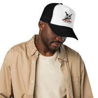Red trucker hat featuring Katana Splash Samurai embroidered artwork, product image 3