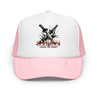 White trucker hat featuring Katana Splash Samurai embroidered artwork, product image 7