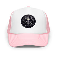 White trucker hat featuring All Seeing Eye embroidered artwork, product image 7