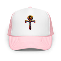 White / Royal / Red trucker hat featuring Ankh Symbol embroidered artwork, product image 6