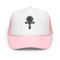 White / Royal / Red trucker hat featuring Ankh Symbol embroidered artwork, product image 6