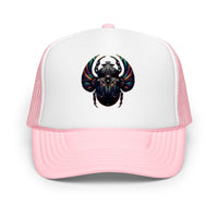White trucker hat featuring Mechanical Scarab embroidered artwork, product image 7
