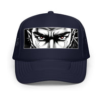 Black / White / Black trucker hat featuring Anime Samurai Eyes embroidered artwork, product image 5