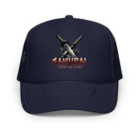 Black / White / Black trucker hat featuring Katana Splash Samurai embroidered artwork, product image 5