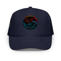Black / White / Black trucker hat featuring Yin Yang Dragon embroidered artwork, product image 5