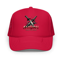 White / Royal / Red trucker hat featuring Katana Splash Samurai embroidered artwork, product image 6