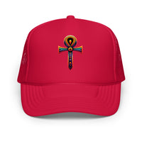 Black / White / Black trucker hat featuring Ankh Symbol embroidered artwork, product image 5