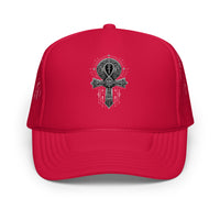 Black / White / Black trucker hat featuring Ankh Symbol embroidered artwork, product image 5