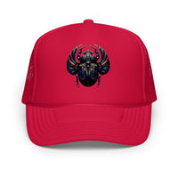 White / Royal / Red trucker hat featuring Mechanical Scarab embroidered artwork, product image 6
