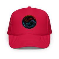 White / Royal / Red trucker hat featuring Yin Yang Dragon embroidered artwork, product image 6