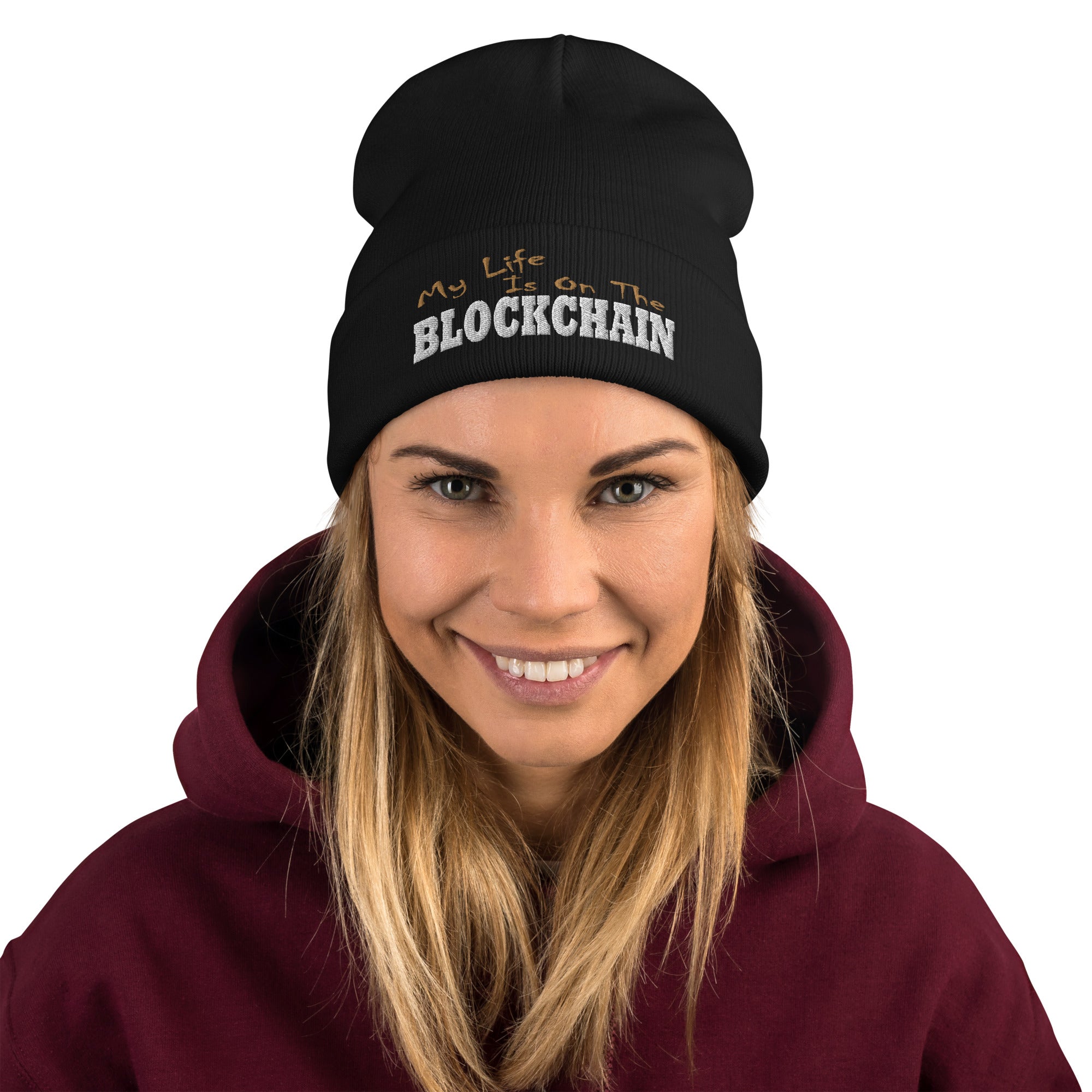 My Life is on the Blockchain Crypto Satire Bitcoin Embroidered Cuff Beanie Cap