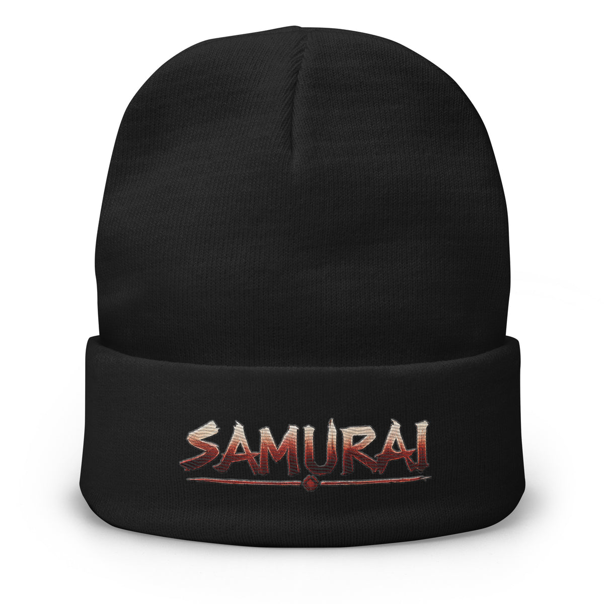 Black cuffed beanie with Samurai Warrior embroidered artwork, front view