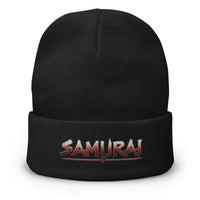 Black cuffed beanie with Samurai Warrior embroidered artwork, front view