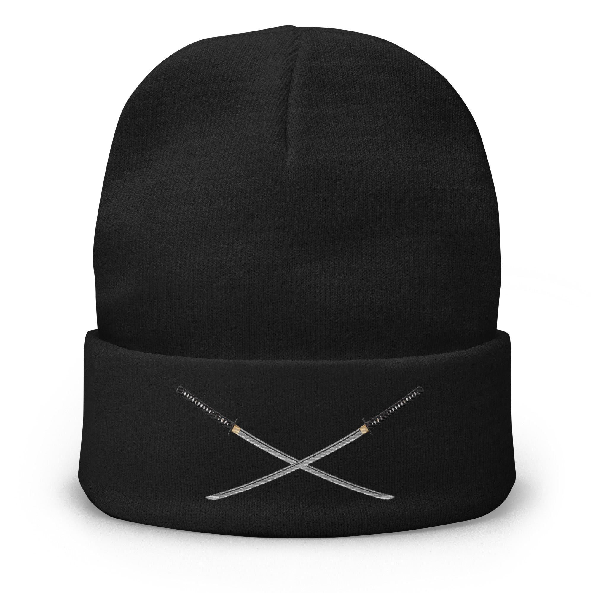 Dual Samurai Swords Anime Warrior Embroidered Cuff Beanie Cap