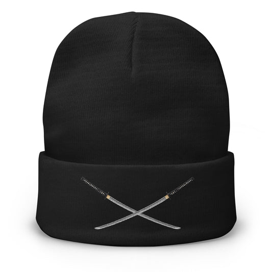 Black cuffed beanie with Dual Samurai Swords Warrior embroidered artwork, front view