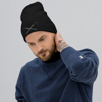 Black cuffed beanie with Dual Samurai Swords Warrior embroidered artwork, front view