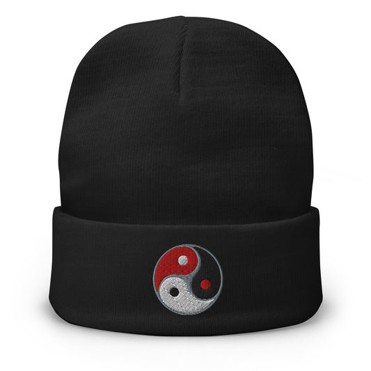 Black cuffed beanie with Triple Yin Yang Symbol embroidered artwork, front view