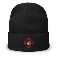Black cuffed beanie with Yin Yang Wheel Cap embroidered artwork, front view