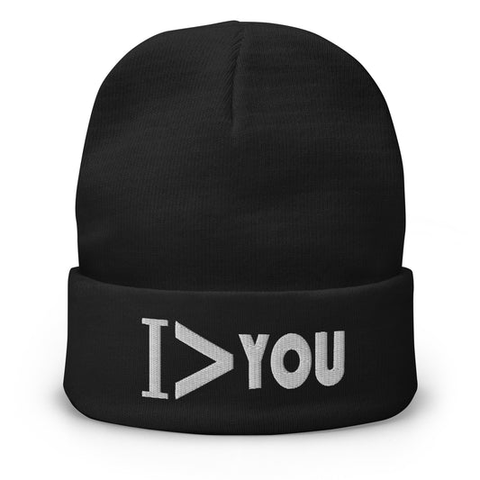 Black cuffed beanie with I Am Greater > Than You embroidered artwork, front view