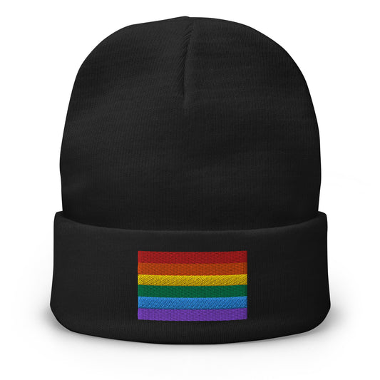 Black cuffed beanie with LGBTQ+ Pride Rainbow embroidered artwork, front view