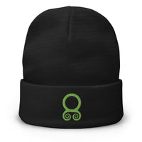 Black cuffed beanie with Green Viking Troll Cross embroidered artwork, front view