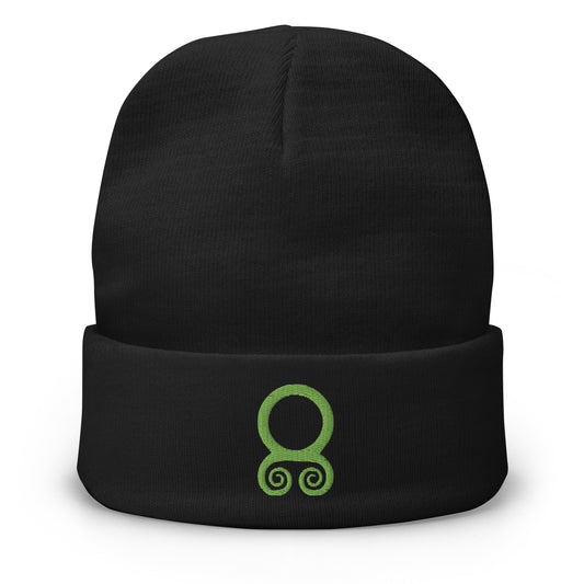 Black cuffed beanie with Green Viking Troll Cross embroidered artwork, front view