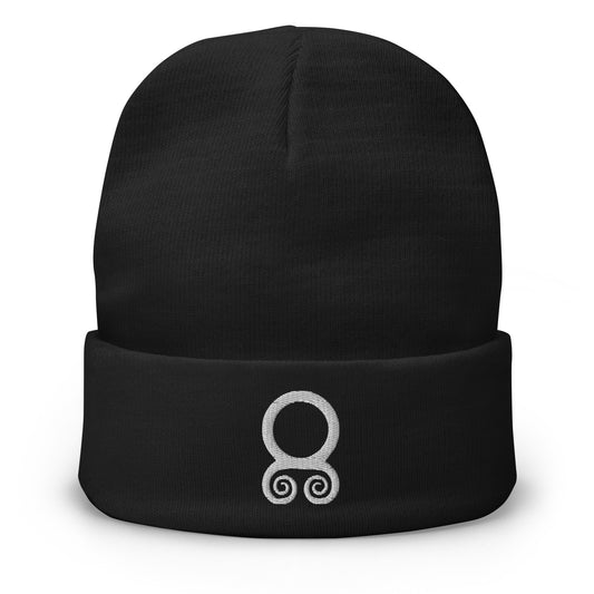 Black cuffed beanie with White Viking Troll Cross embroidered artwork, front view