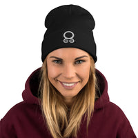 Black cuffed beanie with White Viking Troll Cross embroidered artwork, front view