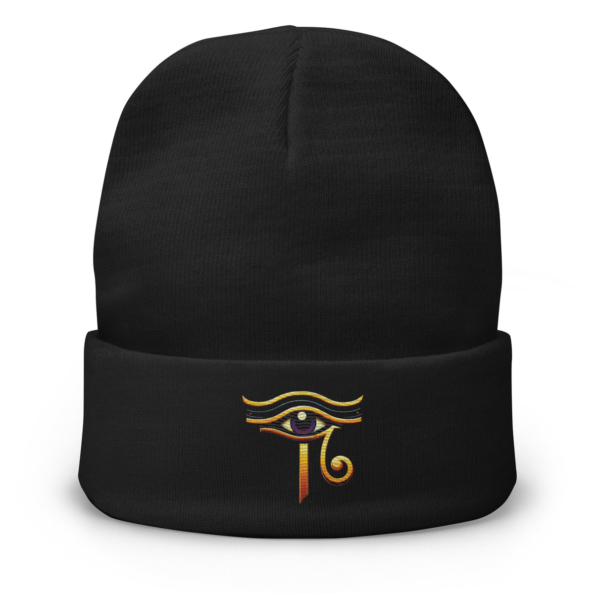 Black cuffed beanie with Eye of Ra embroidered artwork, front view