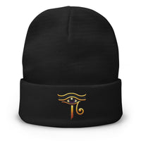 Black cuffed beanie with Eye of Ra embroidered artwork, front view