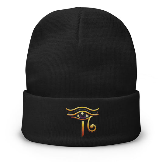 Black cuffed beanie with Eye of Ra embroidered artwork, front view