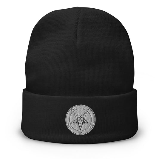 Black cuffed beanie with White Baphomet Sigil embroidered artwork, front view