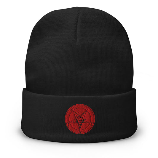 Black cuffed beanie with Red Baphomet Sigil embroidered artwork, front view
