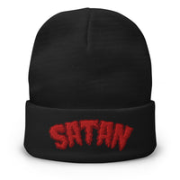 Black cuffed beanie with Satan Blood Drip embroidered artwork, front view