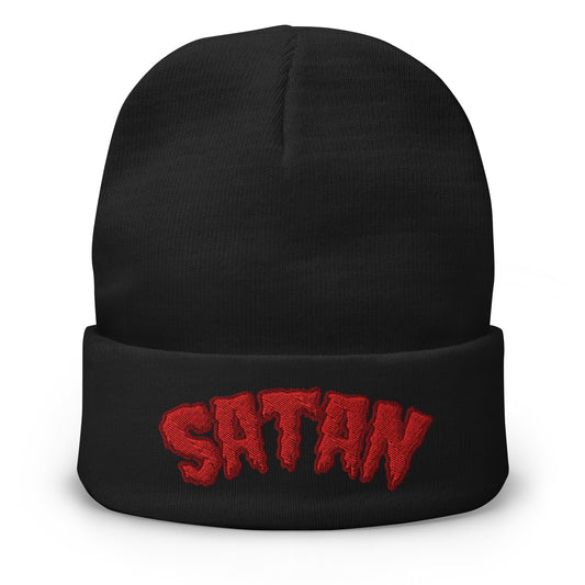 Black cuffed beanie with Satan Blood Drip embroidered artwork, front view