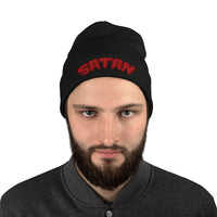 Black cuffed beanie with Satan Blood Drip embroidered artwork, front view