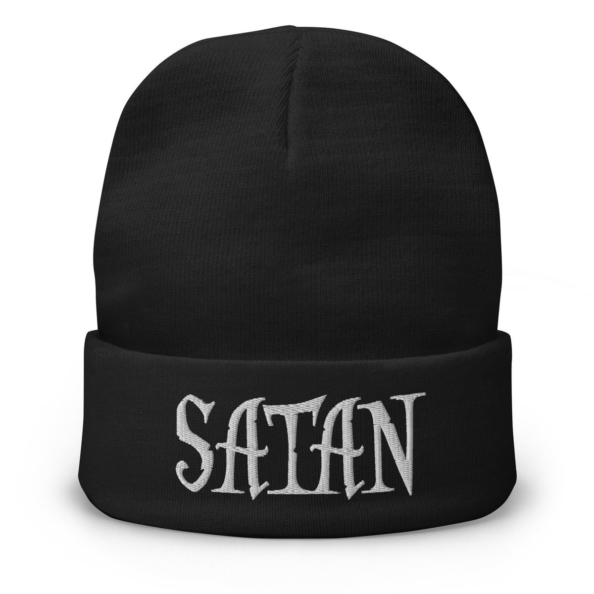 Black cuffed beanie with White Satan Pure Evil embroidered artwork, front view