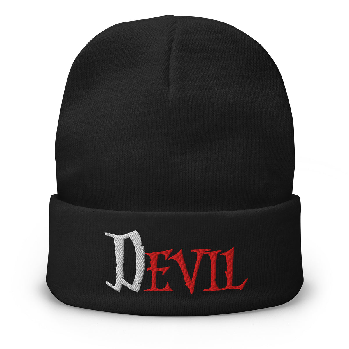 Black cuffed beanie with The Devil Is Evil embroidered artwork, front view