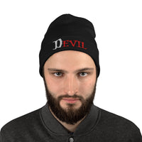 Black cuffed beanie with The Devil Is Evil embroidered artwork, front view