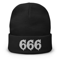 Black cuffed beanie with White 666 embroidered artwork, front view