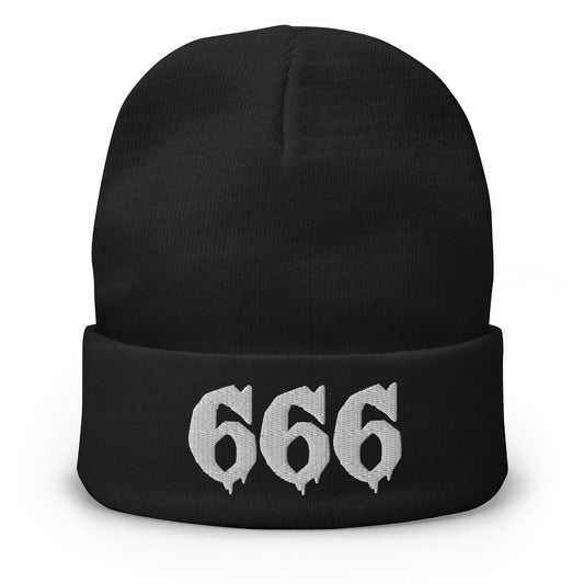 Black cuffed beanie with White 666 embroidered artwork, front view