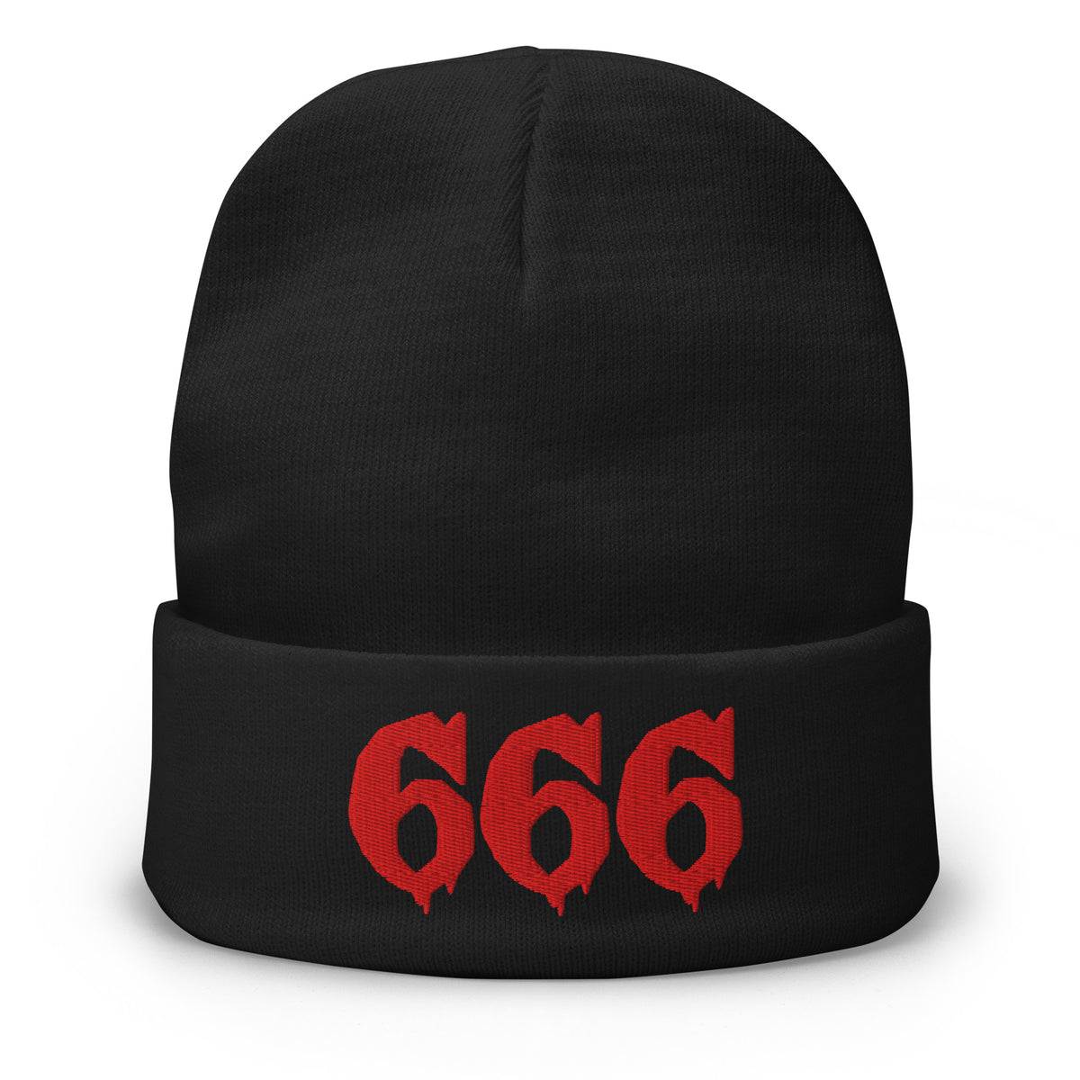 Black cuffed beanie with Red 666 embroidered artwork, front view