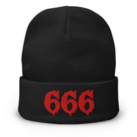 Black cuffed beanie with Red 666 embroidered artwork, front view