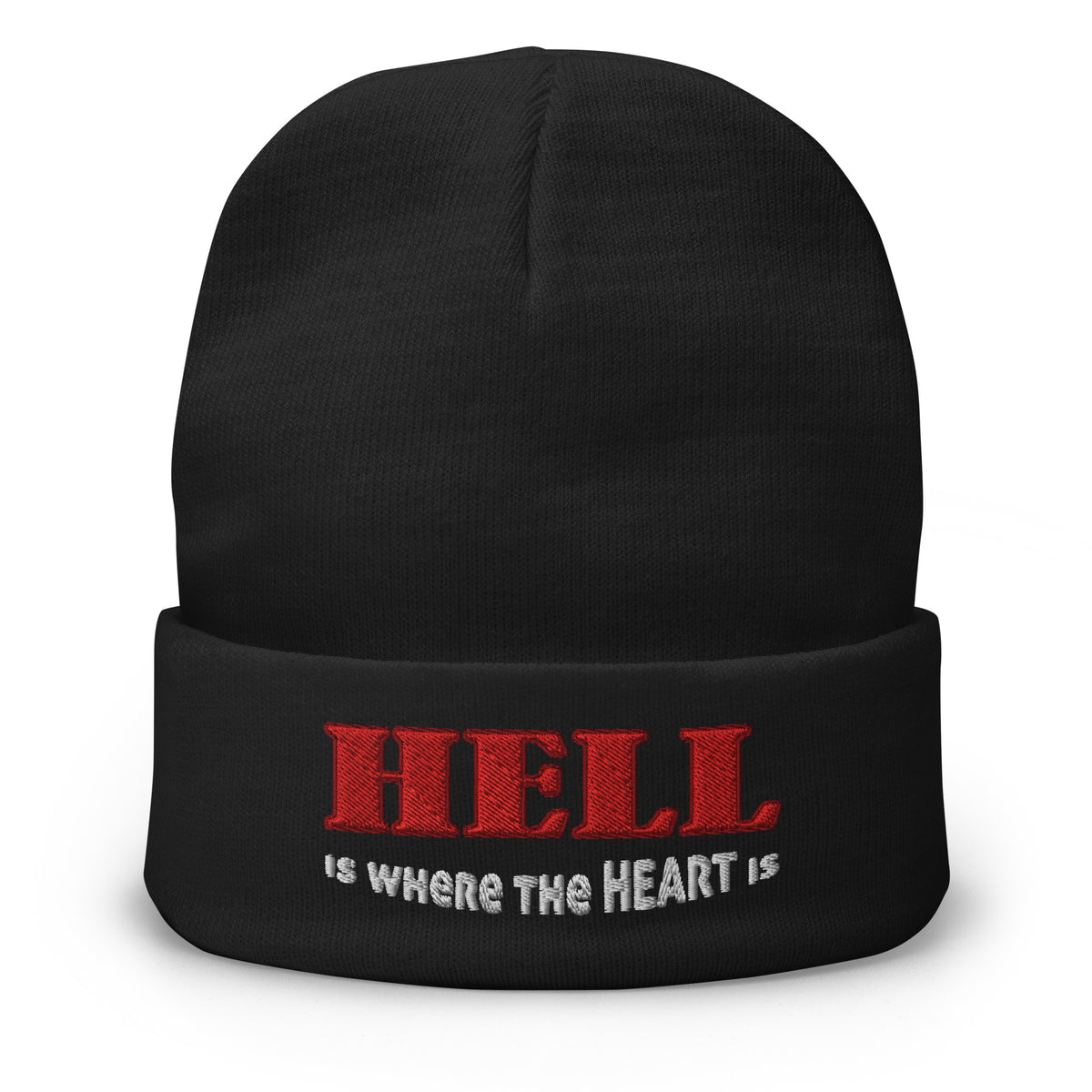 Black cuffed beanie with Hell Is Where The Heart Is embroidered artwork, front view