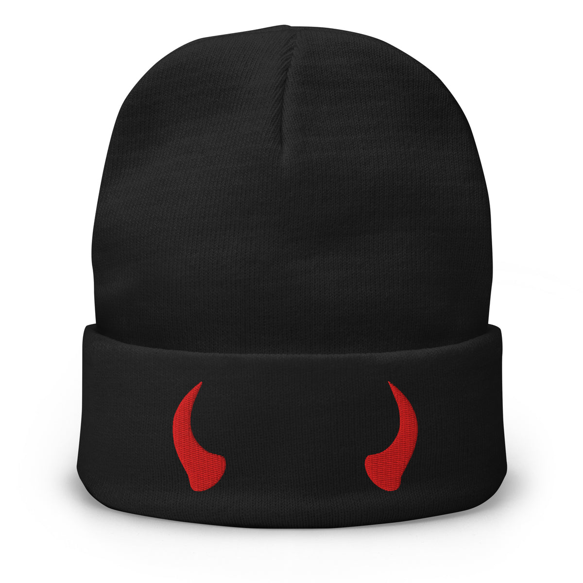 Black cuffed beanie with Red Devil Horns embroidered artwork, front view
