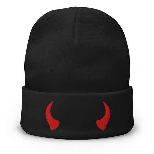 Black cuffed beanie with Red Devil Horns embroidered artwork, front view